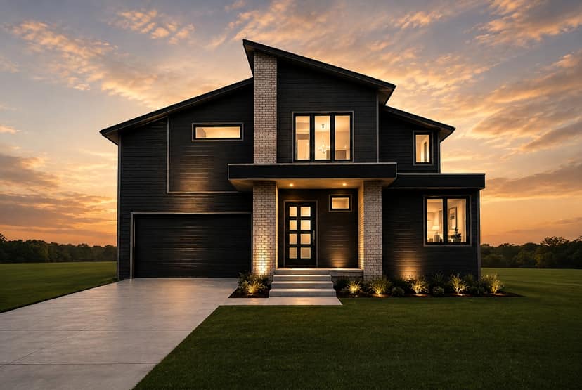 Architectural rendering of the approved custom residence for 1607 Wayland Circle at twilight, with a clean lawn and simple foundation landscaping