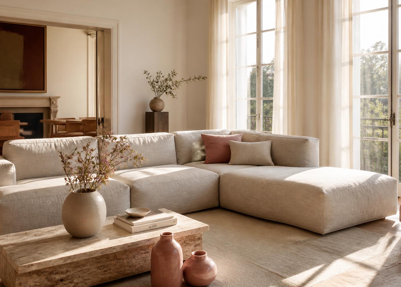 Warm, light-filled luxury living room interior