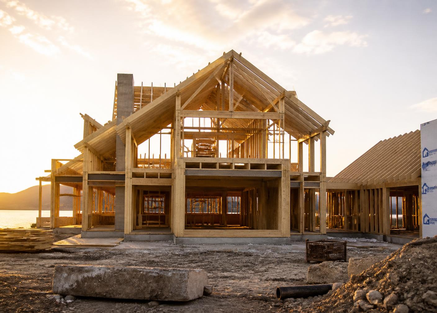 Luxury custom home under construction at golden hour